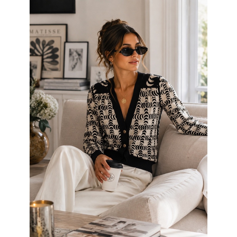 Tory Burch Black Cream Abstract Merino Wool V-Neck Cardigan Gold Logo Buttons S